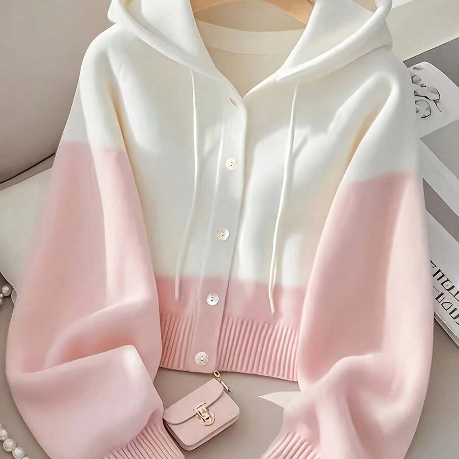 Women's Gradient Color-Block Hooded Sweater Cardigan - Cropped Button-Front Jacket With Chest Pocket, Medium Stretch For Fall/Winter Layering, Soft White To Tones (Office To Casual Outfits) - Easy-Care Sweater Gym Clothes Women Leggings Winter Clothes For Women Glowmode - 粉紅色 - 查看 1