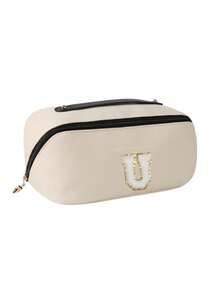 1 Stück PU-Leder wasserdichte Kosmetiktasche mit Buchstabendesign, großer Stauraum mit Doppelschicht, multifunktionale Damen Reisetasche, Kulturtasche, Kosmetikorganizer, Badezimmer Aufbewahrung, Reiseaccessoire, Ostergeschenk, Brautjungferngeschenk, Tasche, Kosmetiktasche, Reiseaccessoire - Beige - Übersicht 14