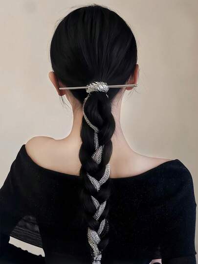 1个优雅中式月亮链金属发夹，个性化马尾辫发圈，高端发髻发夹，日常现代发型配饰，长流苏编织发饰，适合搭配汉服、旗袍，也适合派对、节日、假日等场合，可作礼物。