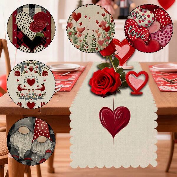 1/108 peças de bandeira de mesa com slogan e padrão de coração para o Dia dos Namorados, impressa digitalmente - 100% poliéster, decoração sazonal para cozinha e sala de jantar, vários tamanhos, decoração durável com tema do Dia dos Namorados, adequada para reuniões familiares em feriados, festas