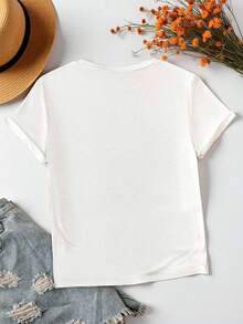 Mujer Casual Camiseta con Estampado de Corazón Trazado Diseño Artístico Tejido Suave Color Sólido Corte Holgado Cuello Redondo Manga Corta Primavera Verano Diario Playera - Blanco - Ver 2