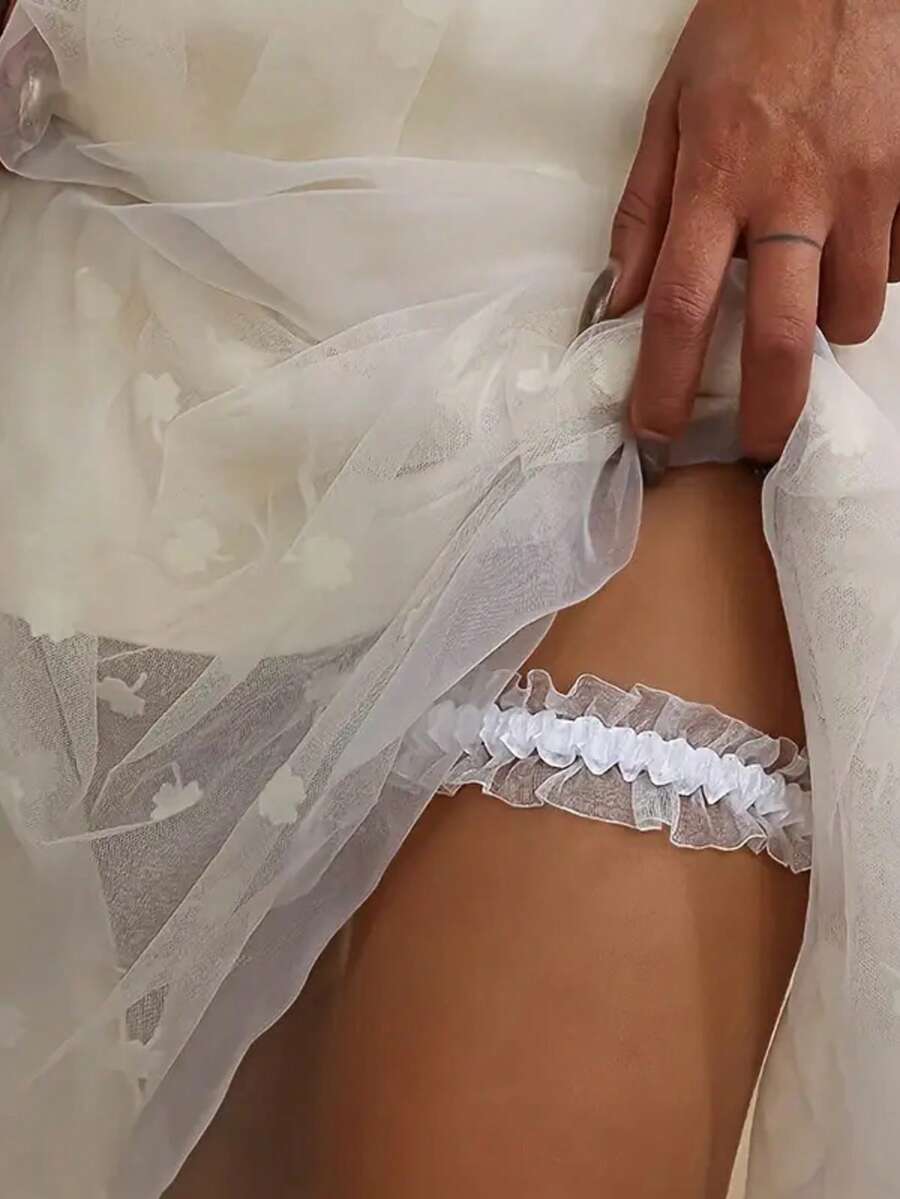 Sexy Lingerie Accessory Elegant White Sheer Hard Yarn Thigh Loop With Ruffled Detail - Stretchy Elastic Leg Ring For Weddings And Formal Events, Minimalist Style, Wedding Accessory|Elegant Legwear|Strapless Desig - White - View 1