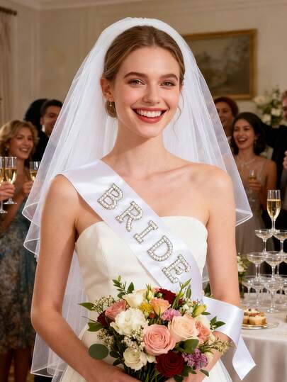 2 件优雅新娘面纱和新娘腰带白色珍珠水钻，单身派对腰带，新娘送礼会婚礼派对装饰品