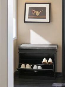 帶座墊的換鞋凳，儲物空間，鞋櫃，鞋架，窄型，節省空間的長凳，帶儲物空間，適用於走廊，客廳，臥室，白色復古木紋效果 FSR82-K - 黑色 - 查看 1