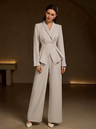 Gray Color Long Sleeve Hand-Pleated Waist Suit Jacket And Wide Leg Pants Two Pieces Set, Commute Casual, Office/Work Outfits, Chic Style Old Money Style, Fall/Winter Clothes For Women