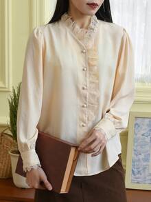 Simple Retro Polyester Pusher Long Sleeve Ruffled Turtleneck Shirt - Apricot - View 5