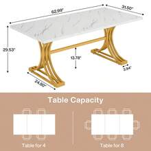 LITTLE TREE 63-Inch Rectangular Dining Table For 4 To 6, Modern Kitchen Table With Stylish Metal Trestle Legs, Large Dinner Table For Dining Room, Chair Not Included - White and Gold - View 2