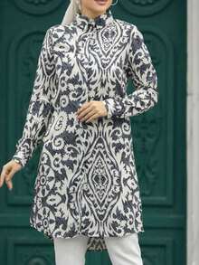 Women's Long Sleeve Allover Print Casual Arabic Clothing Blouse,Modest