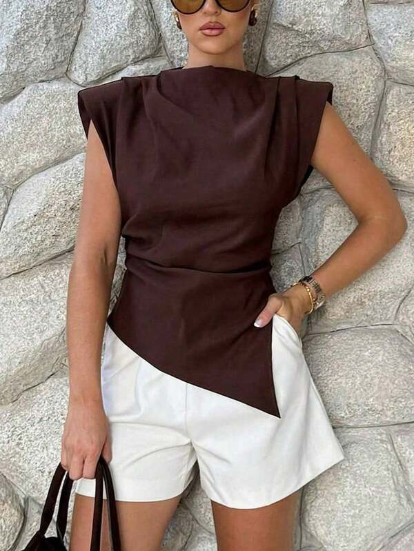 Women's Elegant Solid Color Padded Shoulder Sleeveless Vest, Office Lady Casual Ruffle Asymmetric Zipper Fitted T-Shirt