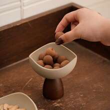 Vintage Ceramic Bowl With Sturdy Wooden Base - Triangular Ceramic Bowl, Reusable Multipurpose Dessert Bowl For Home And Restaurant, Hand Wash Only, Creative Fruit Snack Cup, Novelty Tableware, Textured Surface | Kitchen Decor - Multicolor - View 7