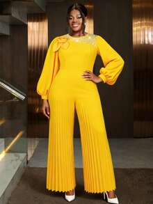 Plus Size Women's Yellow Ruched Jumpsuit, Long Sleeve Round Neck Bishop Sleeve, 3D Pearl Rose Decor Knit Fabric, Party Dress - Yellow - View 8