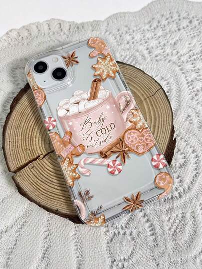 1pc Fashionable Creative Christmas Gingerbread Man & Snowflake Coffee Candy Pattern Painted Transparent Airbag Anti-Drop Phone Case Compatible With Samsung/Apple XS/XS Max/XR/11/12/13/14/14 Plus/15/15 Plus/16/16 Plus/7/8 Plus/17/17 Pro And Other Phone Models