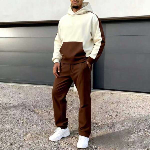 2pcs Men Contrast Color Long Sleeve Hoodie With Pocket And Pants Set, Fall Clothes