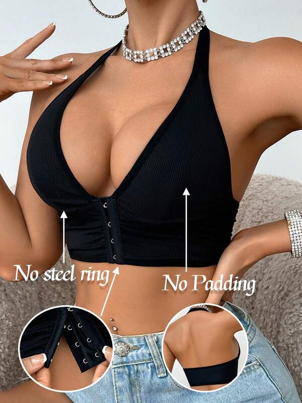 1 pieza Sujetador para mujer sin cierre frontal, sin varillas y sin relleno con cuello de halter