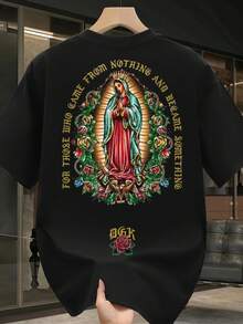 men's t-shirt, virgen de guadalupe With Roses And Crown, black pattern t-shirt, 100% pure cotton, casual, soft and comfortable, suitable for autumn and winter to match with men's jackets, Christmas gifts for men, local promotions - Negro - Ver 3