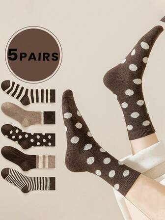 5 Pairs Fashionable Mixed Color, Polka Dot, Striped/Plaid Soft Comfortable Thick Unisex Casual Mid-Calf Socks, Suitable For Home, Outdoor And More