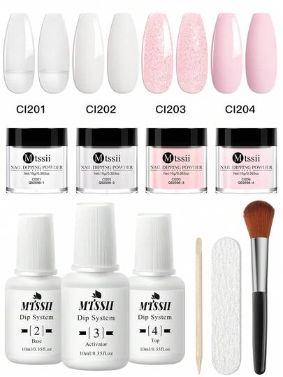 10 pezzi/set Kit di polvere per unghie Dip, polvere acrilica 10ml trasparente bianca rosa nudo glitter, set di polvere acrilica con base, top coat, attivatore, pennello per unghie, per arte di unghie francese, manicure, salone, fai da te, regalo, senza bisogno di lampada UV LED