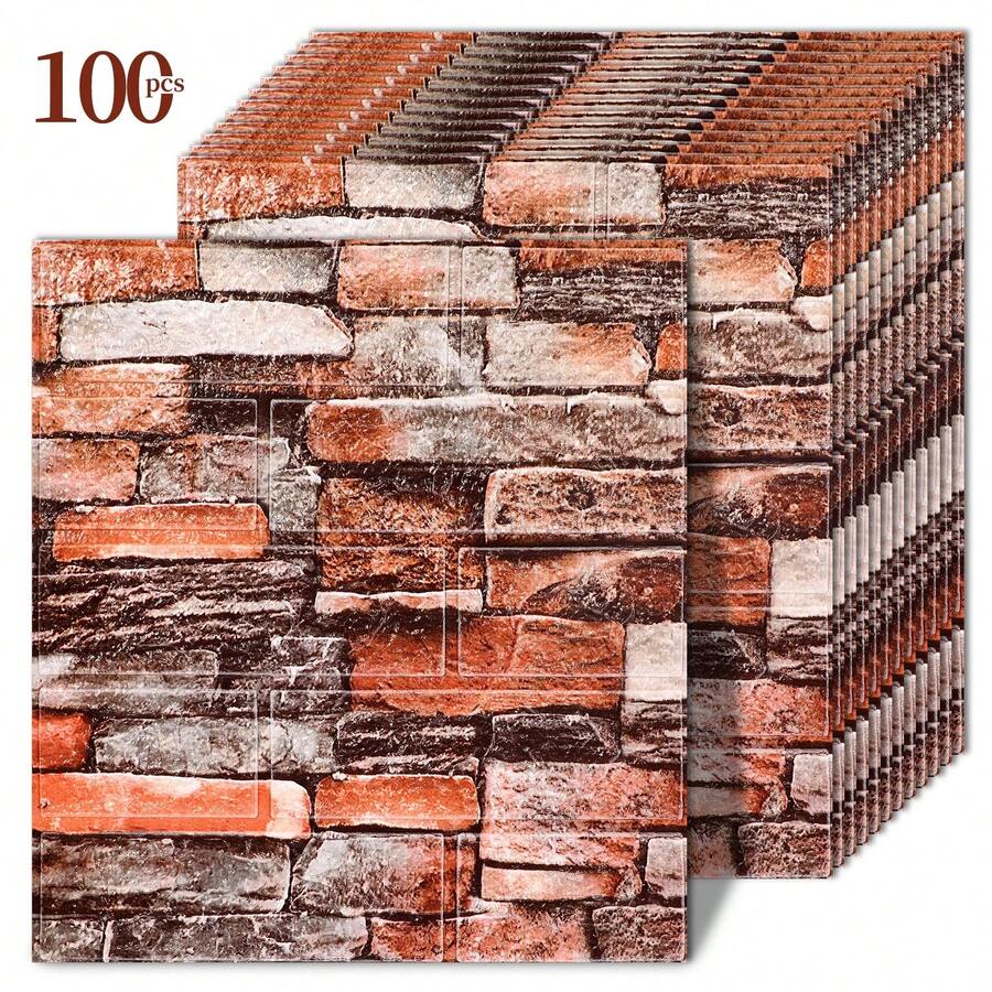 REWOMC 3D Wall Panels Peel And Stick , 100 PCS 15inch*13.8inch Foam 3D Wallpaper, Faux Brick Wall Panels For Bedroom, Stairs, Kitchen Waterproof And Moisture-Proof, Can Be Cut To Fit Living Room Decoration, Easy To Clean, And Suitable For Home Decoration - Mẫu gạch đỏ - Xem 1