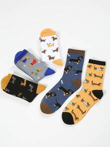 1/3/5 Pairs (Randomly Shipped) Men's Autumn/Winter Fun Cartoon Dachshund Dog Pattern Color-Block Mid-Calf Socks Set, Suitable For Daily Wear, Sports, Travel, Outdoor, Gifts, Holidays, Holiday Gift, Color-Block Style, Fun Design, Comfortable Fit, Hand Wash Only, Novelty Socks, Gift Set, Men's Fashion, Sock Collector - Multicolor - View 4