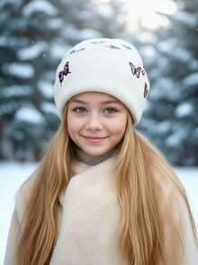 1 chiếc mũ len đan thêu hình bướm trắng cho bé gái/thanh thiếu niên, mũ len ấm áp và ngọt ngào cho mùa thu/đông - 1PC - Xem 2