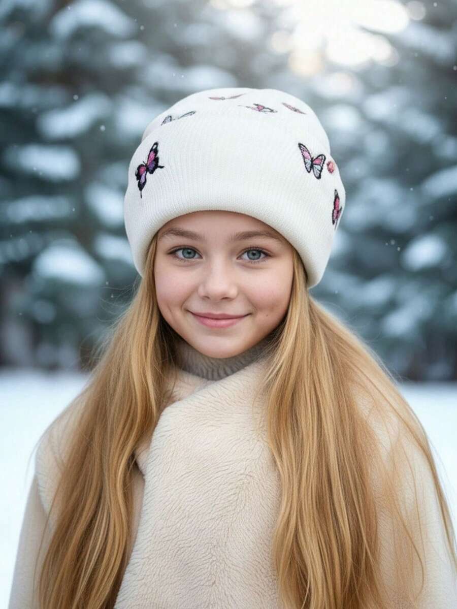 1 chiếc mũ len đan thêu hình bướm trắng cho bé gái/thanh thiếu niên, mũ len ấm áp và ngọt ngào cho mùa thu/đông