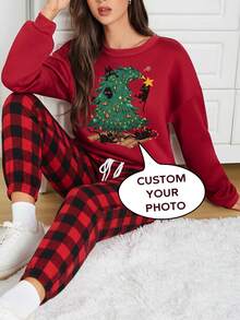 Sudadera de cuello redondo personalizable para uso en el hogar para mujeres, agrega tu propia foto (lema/cita/nombre/número/foto navideña), cálida para el invierno - Burdeos - Ver 7