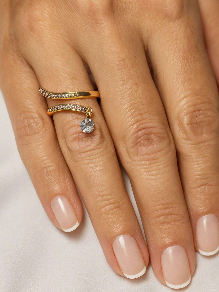Women's Ring Adjustable Adjustable Open Ring With Light Point Crystal Zirconia Hanging Modern Elegant Delicate Accessories Gold Or Silver Female High Quality - 金色 - 查看 1