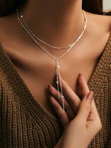 SYMFNY 1 件 925 纯银时尚简约个性化流苏 Y 形珍珠项链，适合女性日常、派对和节日穿着 - 銀色 - 查看 5