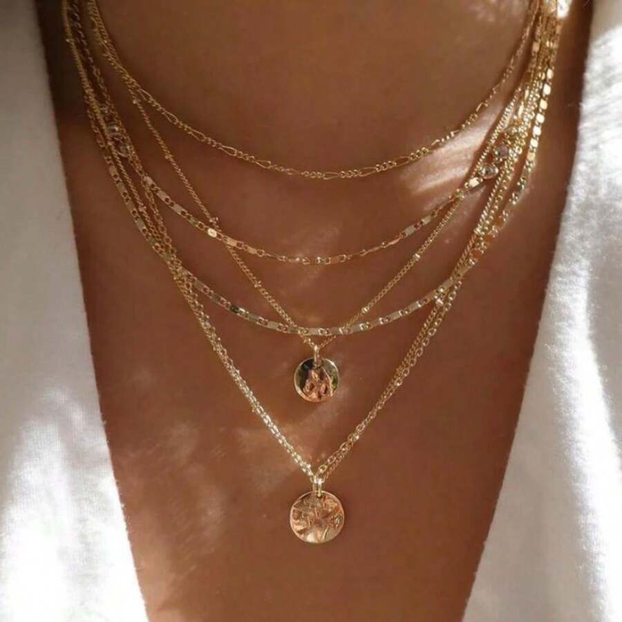 5 قطع طقم قلادة للنساء، قلادات فاخرة عتيقة عالية الجودة مع قلادة معدنية ذهبية، متعددة الطبقات، مناسبة للاستخدام اليومي والحفلات والهدايا - ذهبي أصفر - مشاهدة 1