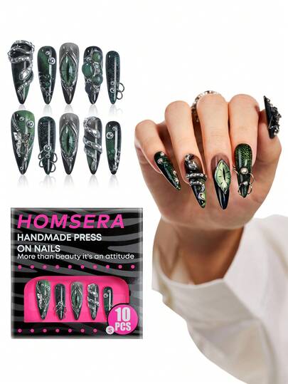 10 piezas Uñas postizas de estilo punk con decoración de serpiente 3D, cuentas y ojos de plata en color cromado plateado para niñas y mujeres. Suministros de uñas para uso diario y decoración de fiestas. Tamaño XXL/XXXL.