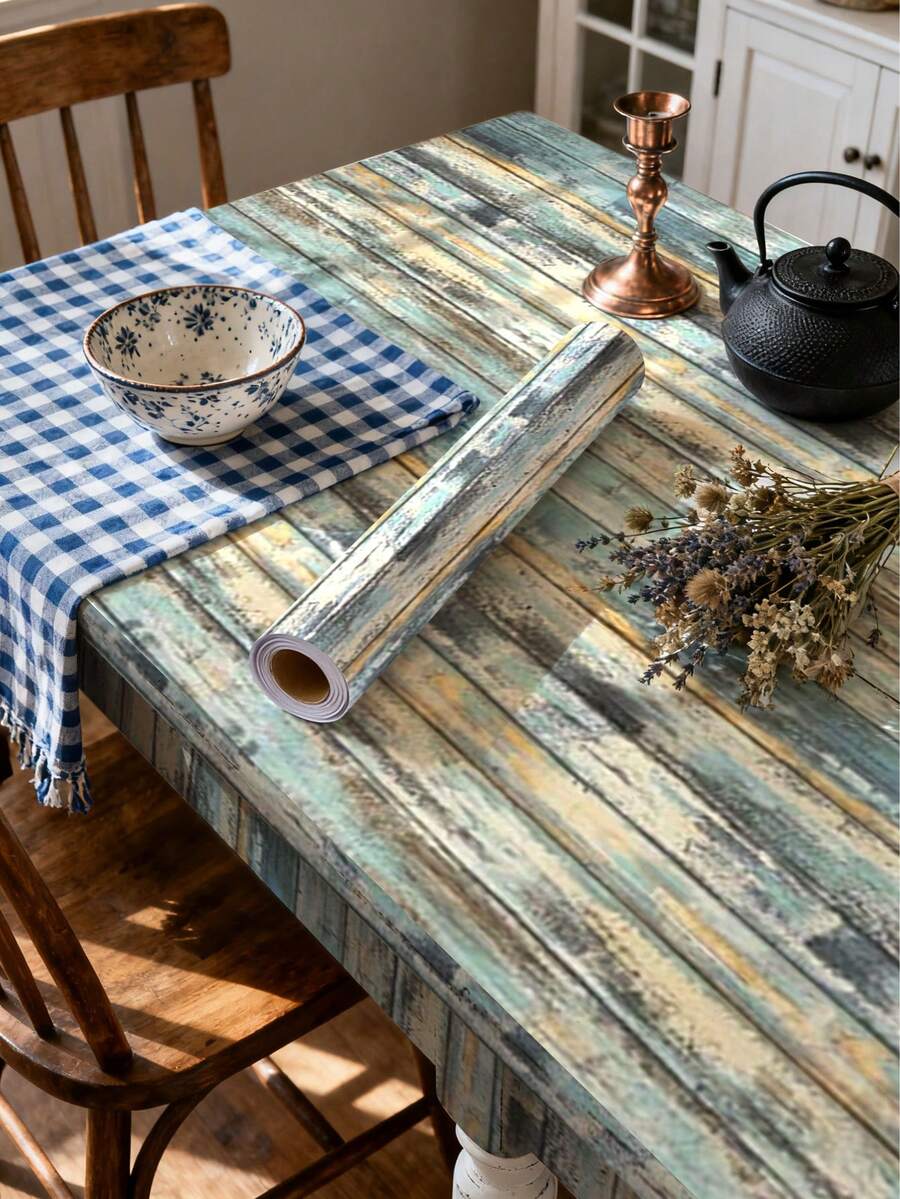 1 卷（1 米/3 米/5 米）复古蓝色木纹壁纸，15.75 英寸宽，复古美式装修，即撕即贴，DIY 可移除，不留残留，防水，防潮，易于清洁，适用于洗衣机、通风罩、厨房角落、橱柜、浴室隔断、餐厅厨房、桌子、家居装饰 PVC 装修贴纸 - 彩色 - 查看 1