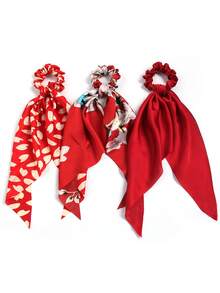 3pcs Satin Solid Color Painting Printed Triangular Scarf, Hair Tie Hair Accessories - Red and White - View 5