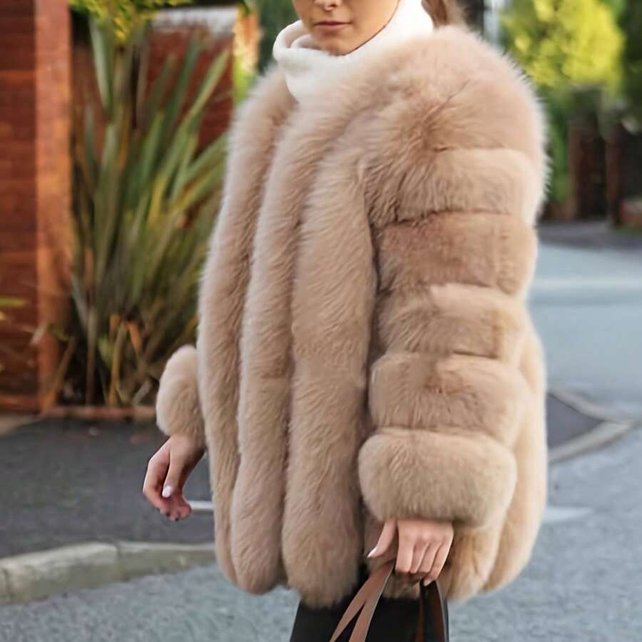 Plus Size, Women's Plus Size Royal Blue Faux Fox Fur Coat - V-Neck Sleeve Winter Warm Coat With Plush Collar, Machine Washable & Open Front Closure, Elegant Winter Outerwear For Casual Or Formal Events (Vibrant Blue/Black/Navy/Red/White/Pink) - Solid Color Mid-Length Faux Fur Coat With Luxurious Soft Texture, Relaxed Fit For Winter Season, Chic And Cozy Outerwear For Women - 卡其色 - 查看 1