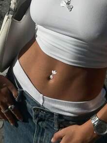 1 pieza Anillo de ombligo de plata de ley 925 para mujeres con tres hojas y circonita cúbica, anillo de ombligo claro CZ para perforación - uña del ombligo - Ver 2