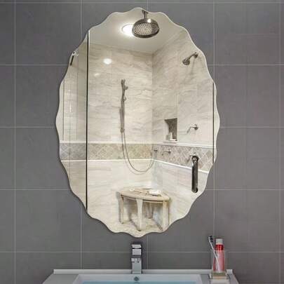 Adesivo de parede de espelho acrílico de 1 peça, superfície de espelho oval ondulado de 1 mm, espelho decorativo, parede autoadesiva, sem necessidade de perfuração, película protetora removível, espelho de banheiro de estilo moderno