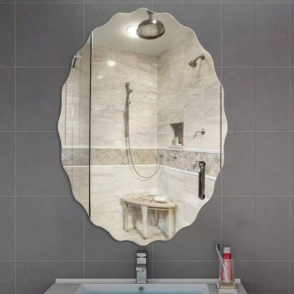 1 pieza Espejo acrílico adhesivo de pared, superficie de espejo ovalada ondulada de 1 mm, espejo decorativo, autoadhesivo para pared, sin necesidad de perforar, película protectora extraíble, espejo de baño de estilo moderno
