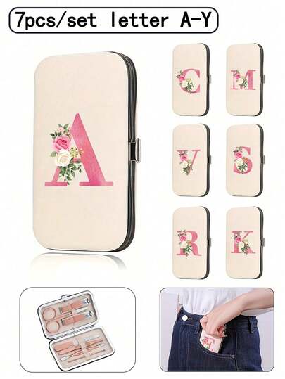 7pcs/Set First Letter Printed Travel Nail Kit, Pink Letters A-Y, Large Capacity Nail Care Box Storage Box, With Stainless Steel Tools, Ultra Sharp And Splash Free Nail Clipper Set, Classic Design Cutting Box, Used For Mobile Beauty Essentials, Travel, Outings, Residential School And Home Essentials