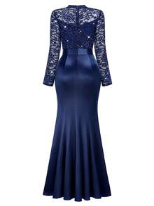 MIUSOL Sequin Lace Contrast Satin Stand Neck Long Sleeve Ruffle Trim Sheath Formal Party Maxi Dress, Wedding Guest Dress, Evening Dress,Gown - Màu xanh hải quân - Xem 8