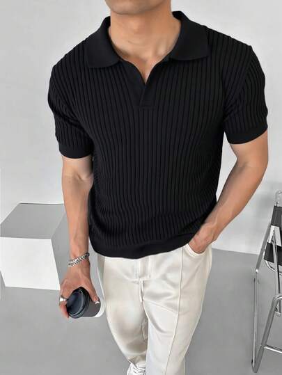 Men's Simple Solid Color Ribbed Short Sleeve Knit Top, Summer