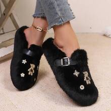 Botas de nieve para mujer 2025 de nueva temporada de invierno, de felpa, para uso en exteriores, con cierre deslizante, puntera cerrada, forro térmico falso, unicolor, forro esponjoso, botas de nieve para el hogar en invierno, botas de piel - Negro - Ver 3