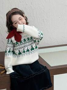 Weihnachts Mädchen Pullover, Neuer Herbst/Winter gestrickter Pullover für Mädchen, einfaches Weihnachtsbaum Stickerei Pullover, geeignet für den täglichen Gebrauch von Kindern, süßer Pullover - Beige - Übersicht 2