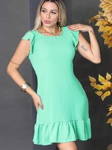 Plus Size Midi Dress, Fits Large And Small Sizes, With Ruffled Princess Sleeves, Puff Sleeves, And A Loose Fit, Dune Color. - Water Green - View 1