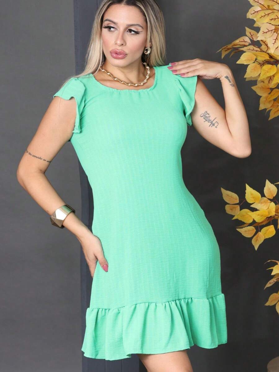 Plus Size Midi Dress, Fits Large And Small Sizes, With Ruffled Princess Sleeves, Puff Sleeves, And A Loose Fit, Dune Color. - Water Green - View 1