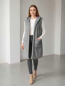 Chaleco informal largo con capucha para mujer, con bolsillos, tejido elástico medio, sin mangas, para uso diario - Gris Claro - Ver 1