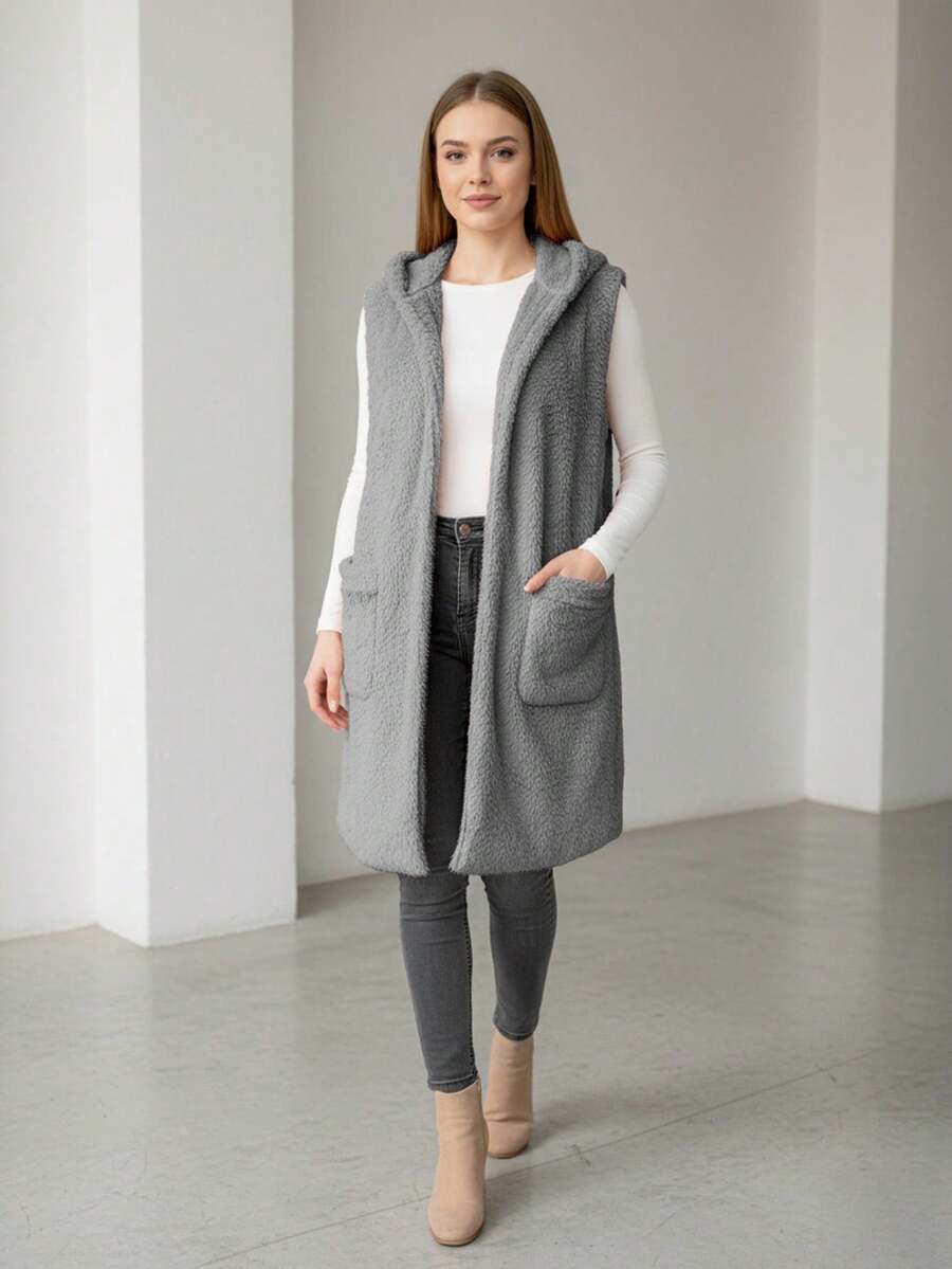 Chaleco informal largo con capucha para mujer, con bolsillos, tejido elástico medio, sin mangas, para uso diario - Gris Claro - Ver 1