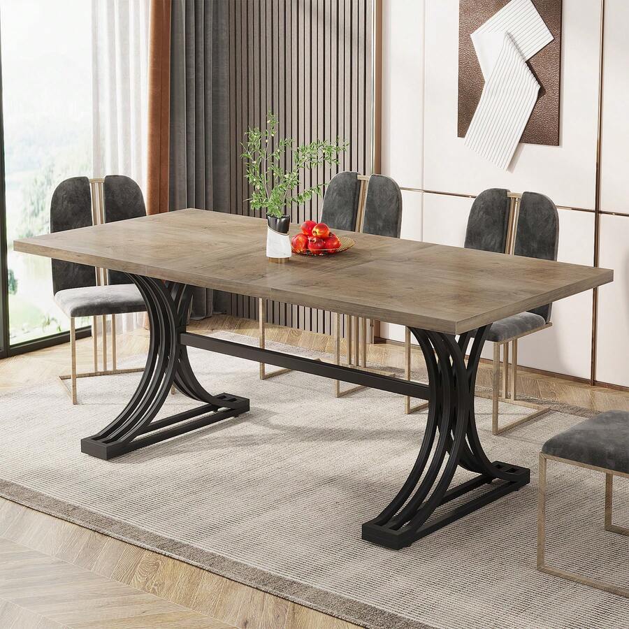 LITTLE TREE 63-Inch Rectangular Dining Table For 4 To 6, Modern Kitchen Table With Stylish Metal Trestle Legs, Large Dinner Table For Dining Room, Chair Not Included - Xám đen - Xem 1