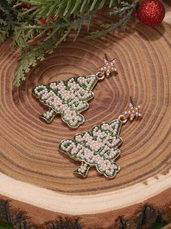 1 par de pendientes de Navidad con estilo europeo y americano, con estrella y letra de perlas falsas, pendientes de Navidad de aleación con gotas para mujeres