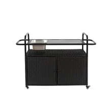 Tavolo da bar per esterni, carrello da bar in vimini con mobiletto, carrello da servizio per patio con piano in acciaio, con secchiello per il ghiaccio, ruote bloccabili, cestino laterale per giardino, piscina e cortile, nero