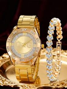 2pcs Women's Fashionable And Casual Quartz Watch, Round Luxury Full Diamond Watch, Paired With Diamond Studded Bracelet Jewelry Combination Set, Suitable For Daily Wear, Festivals And Parties, The Best Gift For Women.