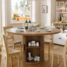 AYYDS Round Dining Table With 2-Layer Storage Shelf And Wooden Sliding Door Kitchen Table 100CM Modern Kitchen Table For 4 People Dining Room Tool For Expanding Small Apartments (Chair Not Included) - 棕色 - 查看 2